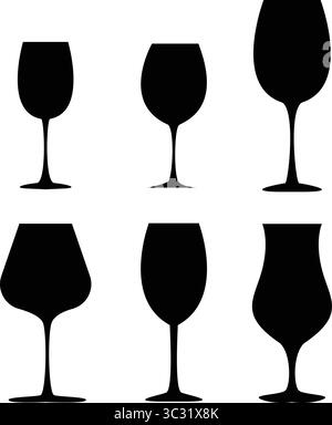 Weinglas Silhouette Vektor-Set 6 Arten Weingläser, Vektor-Illustration. Stock Vektor