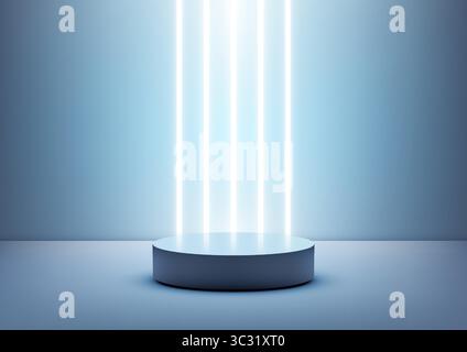Das elegante, weiße, zylindrische Podium, beleuchtet von vertikalen Neonbalken, befindet sich in einem blauen Raum und bietet eine moderne Bühne, um Produkte in einem futuristischen Modell zu präsentieren Stock Vektor