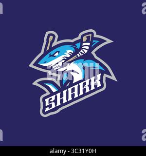 Haifischmaskottchen Logo Design Vektor mit modernem Illustrationskonzept Stil für Abzeichen, Emblem und T-Shirt Druck. Haifischhockey Illustration mit Stock. Stock Vektor