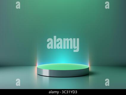 Leuchtend grün und cyan Metallic-Zylinderpodium in einem futuristischen Hintergrund mit blauem Farbverlauf, ideal für Sci-fi-Produktmockups, moderne Tech-Showcases oder Stock Vektor