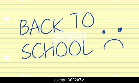 Back to School Illustration mit einem traurigen Smiley-Emoji, das in Handschrift mit blauem Bleistift auf kleinem gelblich gestrichenem Papier geschrieben wurde. Stockfoto