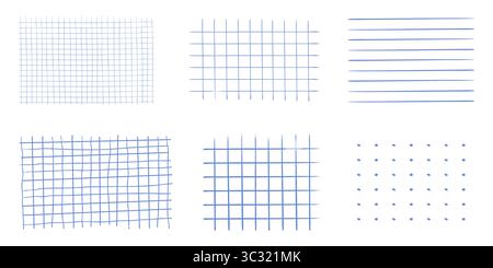 Graphen Sie das blaue, handgezeichnete, strukturierte quadratische Raster für Notizen, geometrische Linienstruktur. Buntstift- oder Bleistiftstreifen, Punkte für Kugelschreiberblätter. Vektorabbildung Stock Vektor