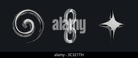 3D y2k Chrom Verwirbelung und Kettenschlaufe in glänzendem Chrom mit abstrakten silbernen Metallic-Kurven. Diese fließenden, kräftigen Formen sind ideal für digitale 3D-Anwendungen Stock Vektor