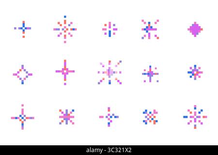 Pixel funkelt und Sterne Retro 8-Bit-Symbole für Spiele UX Design Feuerwerk Effekt Raumdekor 90er Jahre Y2K Pixel Art Grafikset. Feuerwerk geplatzt, Raumdekoration. Vektorabbildung Stock Vektor