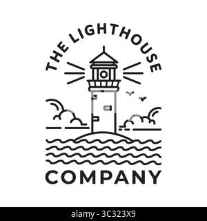 Minimalistische Leuchtturmillustration mit Wellen- und Vogellogo Stock Vektor