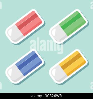Die Kollektion mit dem Symbol-Set des Radiergummis im flachen Stil. Schreibwaren-Werkzeug-Vektor-Illustration auf isoliertem Hintergrund. Bürowerkzeug aus Gummi unterzeichnen Geschäftskonzept Stock Vektor