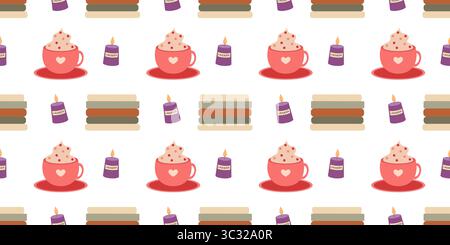 Nahtloses Herbstmuster mit Büchern, Kerzen und Kakao im flachen Stil. Vektor-handgezeichnete Illustration für Banner und soziale Medien Stock Vektor