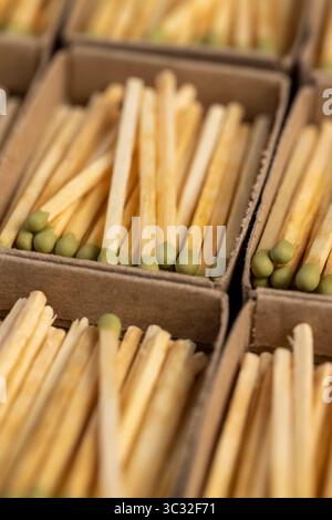 Viele Streichhölzer mit Kopf in Streichholzschachtel, der grüne Kopf eines Holzholzes in Pappschachteln, Nahaufnahme Stockfoto