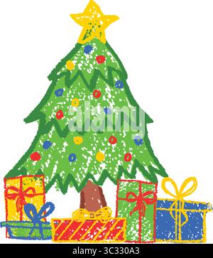 Weihnachtsbaum mit einem Stern und Geschenken. Handgezeichnet wie Kinder, mit buntem Wachs, Falten. Kritzeleien in Pastell-Holzkohle-Stil Stock Vektor