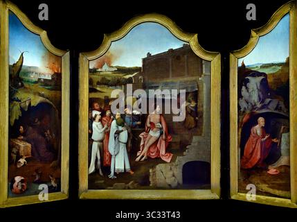 Triptychon von Job von einem Anhänger von Hieronymus Bosch 16. Jahrhundert von Groeningemuseum, Stadtmuseum, Brügge, Belgien, Belgien, das Triptychon ist drei Heiligen gewidmet, die sich trotz der Angriffe und Versuchungen des Teufels völlig von den irdischen Freuden getrennt haben. Das mittlere Bedienfeld zeigt den Test von Job. Das alttestamentliche Buch Hiob erzählt, wie Gott den Teufel herausforderte, Hiobs Geduld zu testen, indem er die schwersten Widrigkeiten erleiden ließ. Stockfoto