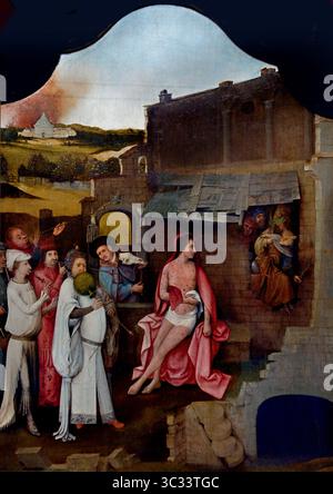 Triptychon von Job von einem Anhänger von Hieronymus Bosch 16. Jahrhundert von Groeningemuseum, Stadtmuseum, Brügge, Belgien, Belgien, das Triptychon ist drei Heiligen gewidmet, die sich trotz der Angriffe und Versuchungen des Teufels völlig von den irdischen Freuden getrennt haben. Das mittlere Bedienfeld zeigt den Test von Job. Das alttestamentliche Buch Hiob erzählt, wie Gott den Teufel herausforderte, Hiobs Geduld zu testen, indem er die schwersten Widrigkeiten erleiden ließ. Stockfoto