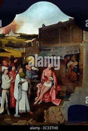 Triptychon von Job von einem Anhänger von Hieronymus Bosch 16. Jahrhundert von Groeningemuseum, Stadtmuseum, Brügge, Belgien, Belgien, das Triptychon ist drei Heiligen gewidmet, die sich trotz der Angriffe und Versuchungen des Teufels völlig von den irdischen Freuden getrennt haben. Das mittlere Bedienfeld zeigt den Test von Job. Das alttestamentliche Buch Hiob erzählt, wie Gott den Teufel herausforderte, Hiobs Geduld zu testen, indem er die schwersten Widrigkeiten erleiden ließ. Stockfoto