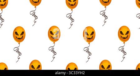 Nahtloses Muster mit orangefarbenen Ballons mit verschiedenen Gesichtern, die Halloween symbolisieren. Ballons mit Jack-o-Laterne-Bild. Halloween-Muster in Aquarell Stockfoto