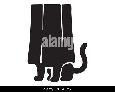 Schwarze Silhouette einer neugierigen Katze, die hinter Vorhängen herausblickt, isoliert auf weißem Hintergrund, grafische Illustration. Das Konzept des lustigen Tiermomentes, feli Stock Vektor