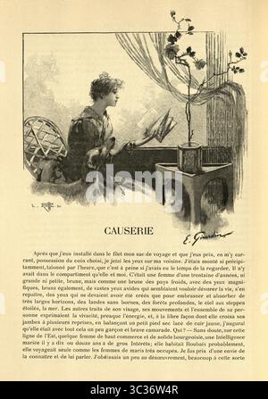 Junge Frau saß am Fenster und las ein Buch, viktorianisch, Französisch, Vintage Illustration 19. Jahrhundert Stockfoto