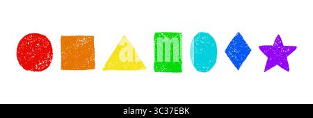 Eine Sequenz geometrischer Formen, die mit farbigen Bleistiften gezeichnet wurden. Buntstifte in verschiedenen Formen im künstlerischen Stil. Handgezeichnete Vektordarstellung isoliert auf einem wh Stock Vektor