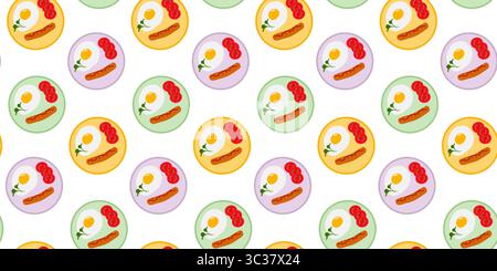 Frittiertes Ei mit mikrogrünen Tomatenscheiben und Wurst Grill nahtloses Muster Banner Format Food Fond. Isolierte Vektor Illustration Lebensmittel Poster Hintergrund oder Werbebanner, Flugblätter, Tag, Social Media Post Stock Vektor