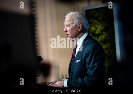 22. April 2021, Washington, District of Columbia, USA: Präsident Joe Biden spricht während eines virtuellen Gipfeltreffens der Führer zum Klima im östlichen Saal des Weißen Hauses am Donnerstag, 22. April 2021 in Washington (Bild: © Al Drago/CNP via ZUMA Wire) Stockfoto