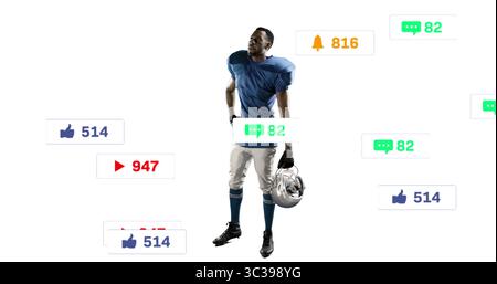 Stehender Fußballspieler in blauem Trikot mit Helm auf weißem Hintergrund und Benachrichtigungssymbolen Stockfoto