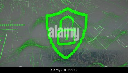 Grüner Schild in der Mitte des Bildschirms, mit Symbol für entriegeltes Vorhängeschloss, Drahtgitter und Skyline Stockfoto