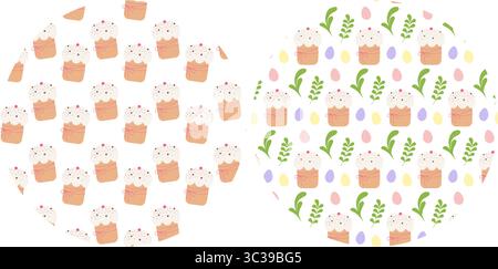 Osterkuchen mit Sprinkles Bunte Eier und dekoratives Blattmuster auf Kreis Hintergründe Set. Isolierte Vektor-Illustration Osterfeiertag oder Party einladen Hintergrund, Grußkarten, Banner, Flugblätter Stock Vektor
