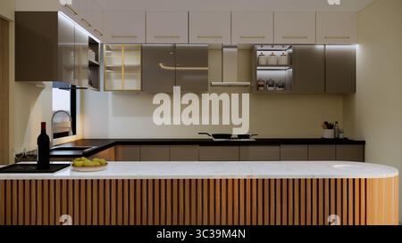 Elegante, moderne Küche mit warmen Holzakzenten und eleganten goldfarbenen Beschlägen, perfekt für ein modernes Wohnen. Stockfoto