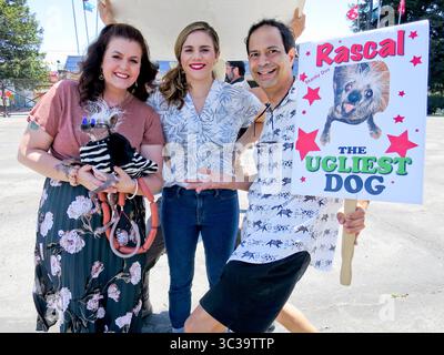 21. Juni 2019 - Petaluma, Kalifornien, USA - Stars der neuen Netflix Reality TV-Show basierend auf der Agentur Pets on Q, 'PET STARS' L to R Moderatoren und Besitzer von 'Pets on Q', MELISSA MAY CURTIS, COLLEEN WILSON, mit Show-Gästen, Schauspieler, DANE ANDREW & „RASCAL THE UGLIEST DOG“, der ein Rekord ist, der 8 Mal den hässlichsten Hund Champion und 2 Mal aktuellen Hässlichen Hund Champion verschiedener Hässlichen Hund Wettbewerbe aufnimmt, nahm am World's Ugliest Dog Contest Teil, der während der Sonoma Marin Fair auf dem Messegelände stattfand. Rascal, der hässlichste Hund, zusammen mit seinem Schauspieler, Meister, Dane Andrew, der in seinem Rekord 43. Jahr beim Wettbewerb steht, Stockfoto