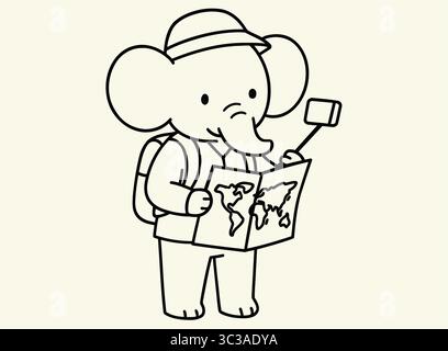 Minimalistischer Line Art Elephant Tourist mit Karte und Selfie Stick Stock Vektor
