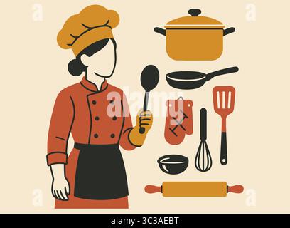 Retro weibliche Koch-Illustration Kochwerkzeuge und Küchenelemente Vektor-Set Stock Vektor