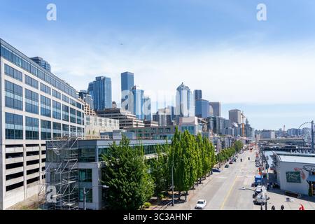 Südostansicht der Central Waterfront in Seattle, Washington, USA Stockfoto