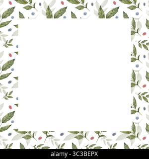 Quadratische Aquarellvorlage Kaffeeblätter, Heidelbeere und Himbeerzweige. Handgemaltes botanisches Design auf weißem Hintergrund. Perfekt für Drucke, Textilien, Küchendekor und Einladungen. Stockfoto