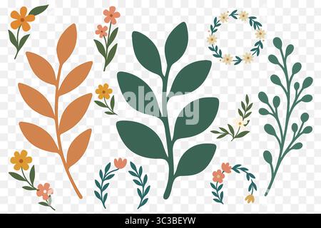 Blumen- Und Botanische Elemente Clipart Set Blätter, Zweige, Minikränze Und Zarte Blumen Stock Vektor