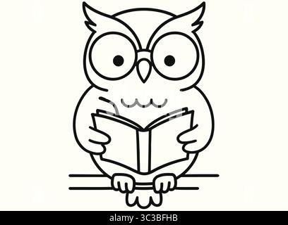 Niedliche Eulen Lesebuch Pädagogische Tierlinie Kunst Illustration Stock Vektor