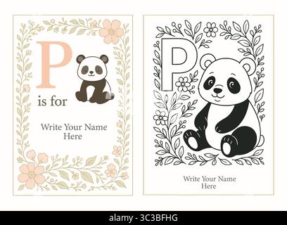P ist für Panda bearbeitbare Namensposter Ausmalseite | Blumentier Alphabet Serie Stock Vektor