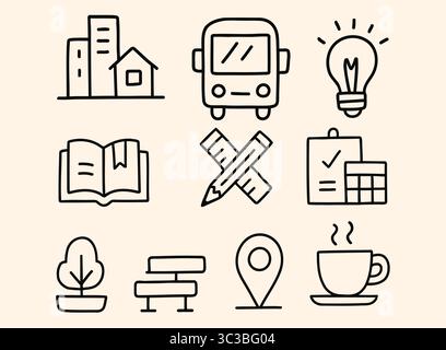 Multifunktionales minimalistisches Icon Set City, Education, Planner und Lifestyle Line Art Pack Stock Vektor