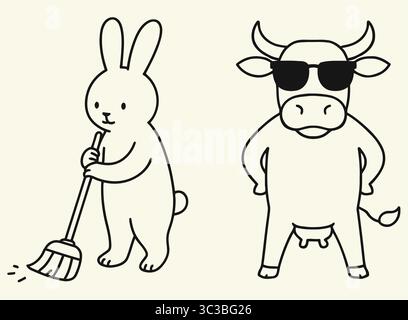 Hase fegen Boden coole Kuh in Sonnenbrille lustige Tierlinie Kunst Stock Vektor