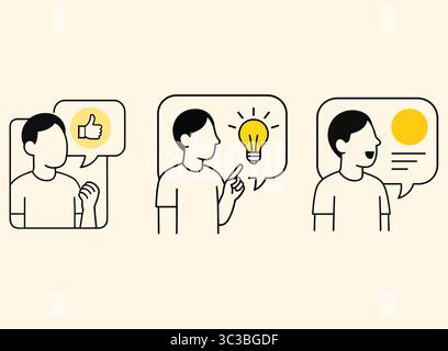 Gesichtsloses Symbol für Sprechblase Set Daumen hoch, Lightbirb Idea & Message Talk UI Stock Vektor