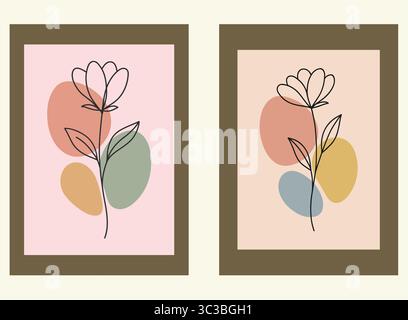 Modernes, Minimalistisches Wanddekor Mit Abstraktem Blumenmuster In Erdtönen Stock Vektor