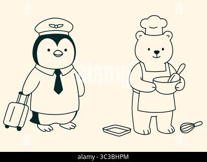 Niedliche Tierberufe Pinguin Pilot & Bär Chef Line Art Illustration Stock Vektor