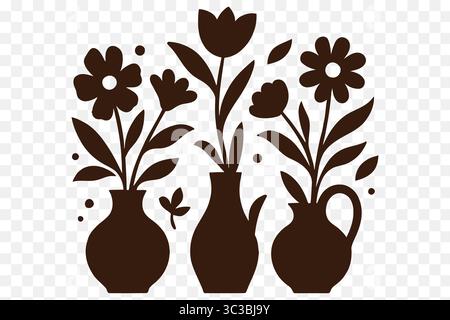 Silhouette-Set mit Blumenvase und modernen Blumenarrangements im schwarzen botanischen Stil Stock Vektor