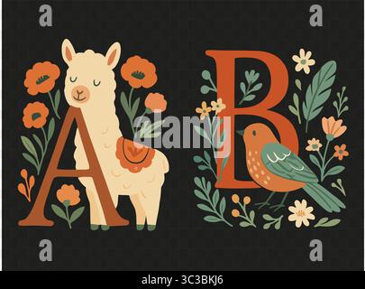 Tierserie A für Alpaka und B für Vogel | Folk Nursery Letter Clipart Stock Vektor