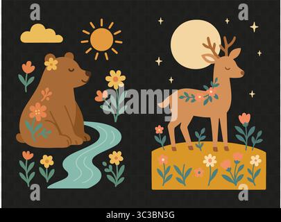 Folk Bear and Deer Woodland Scene Forest Animal Clipart for Nursery Decor & Fall Themes Stock Vektor