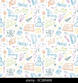 Nahtloses Muster mit handgezeichnetem Schulmaterial. Chemie, Geometrie und Physik im Doodle-Stil. Bildungskonzept - zurück zur Schule. Bunte Konturkritzeleien. Stock Vektor