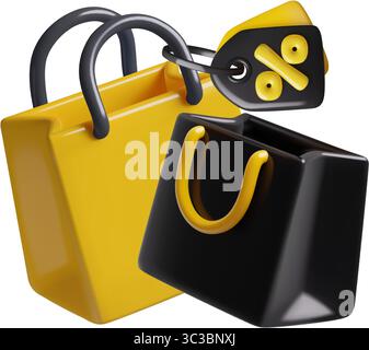 3D-Einkaufstaschen mit schwarzem Preisschild und Rabattsymbol Stock Vektor