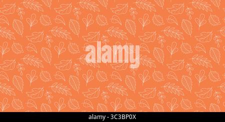 Kuscheliges, nahtloses Laubmuster in Herbststimmung. Warmer orangefarbener Hintergrund mit Silhouette gefallener Blätter. Herbst-Ästhetik für Textil, Papier und Design Stock Vektor