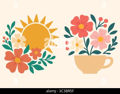 Bloral Sun & Blooming Cup Vektor Fröhliche Natur Clipart Set Stock Vektor