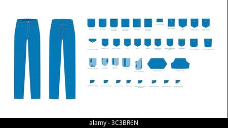 Set Jeans mit Taschen – technische Modeschild aus Denim mit Patch, abgerundetes, traditionelles Känguru, 5° abgewinkelt, Nieten. Flache blaue untere Schablone, Vorderseite, Rückseite, graue Farbe. CAD-Modell Stock Vektor