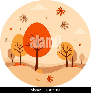 Herbstlandschaft mit Bäumen und fallenden Ahornblättern. Minimaler fallender quadratischer runder Hintergrund. Vektorabbildung. Perfekt für saisonale Poster und Banner Stock Vektor