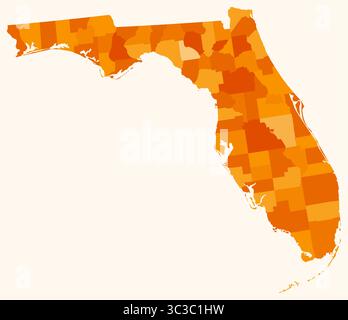 Karte von Florida mit Countys. Nur eine einfache Grenzkarte mit Bezirksverteilung. Orangefarbene Farbpalette. Stock Vektor