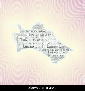 Turkmenistan-Form wird durch den Ländernamen in mehreren Sprachen gebildet. Turkmenistan-Grenze auf stilvollem gestreiftem Hintergrund mit Farbverlauf. Lebendiges Poster. Stock Vektor
